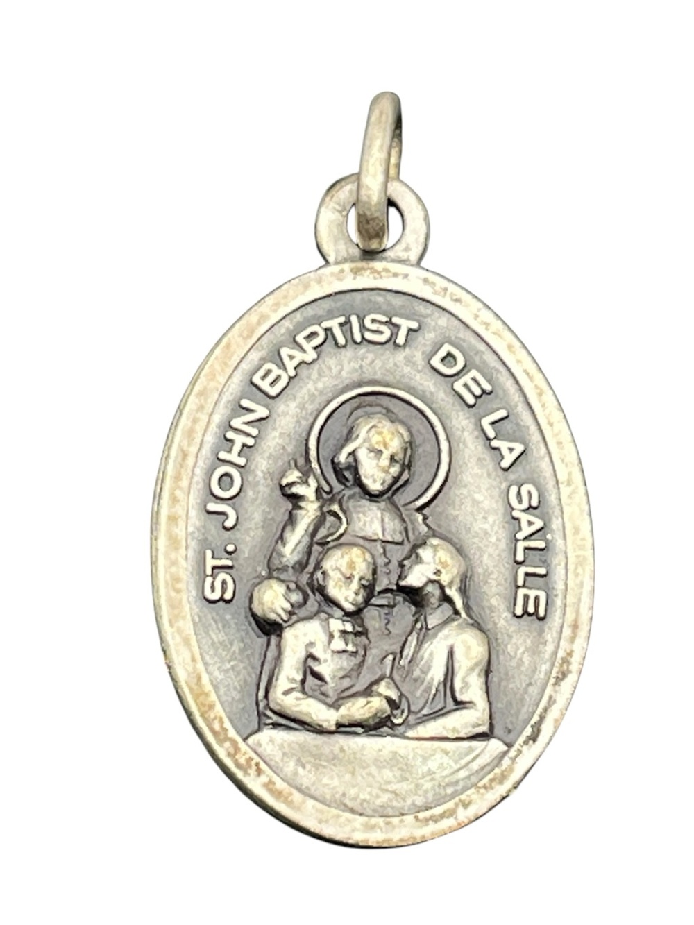 St. John Baptist de La Salle oval Catholic saint silver tone pendant fr necklace